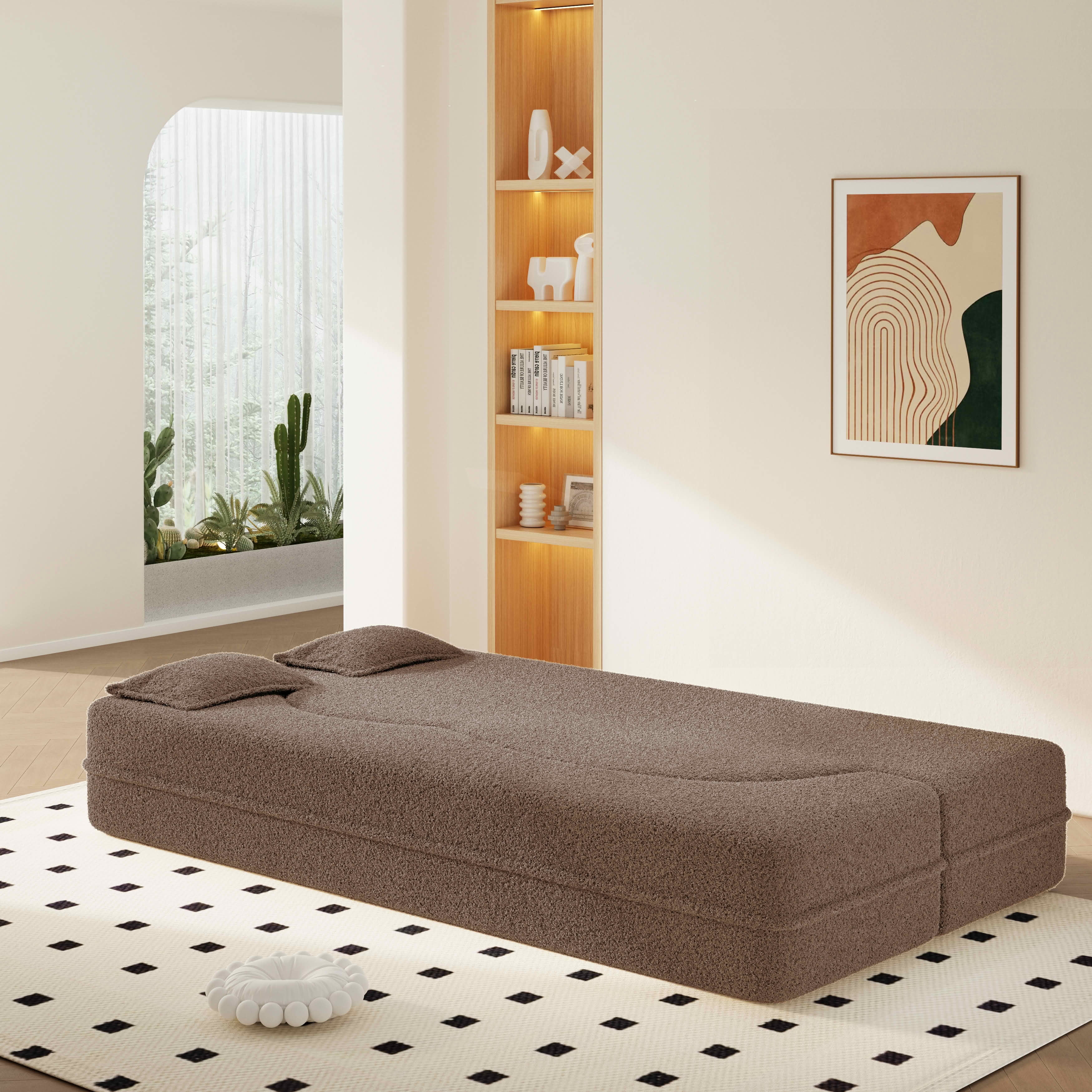 MAYEERTY Twin Corduroy Foldable Foam Floor Sofa Bed, Zero Assembly Vacuum Compressed Sleeper with 2 Pillows