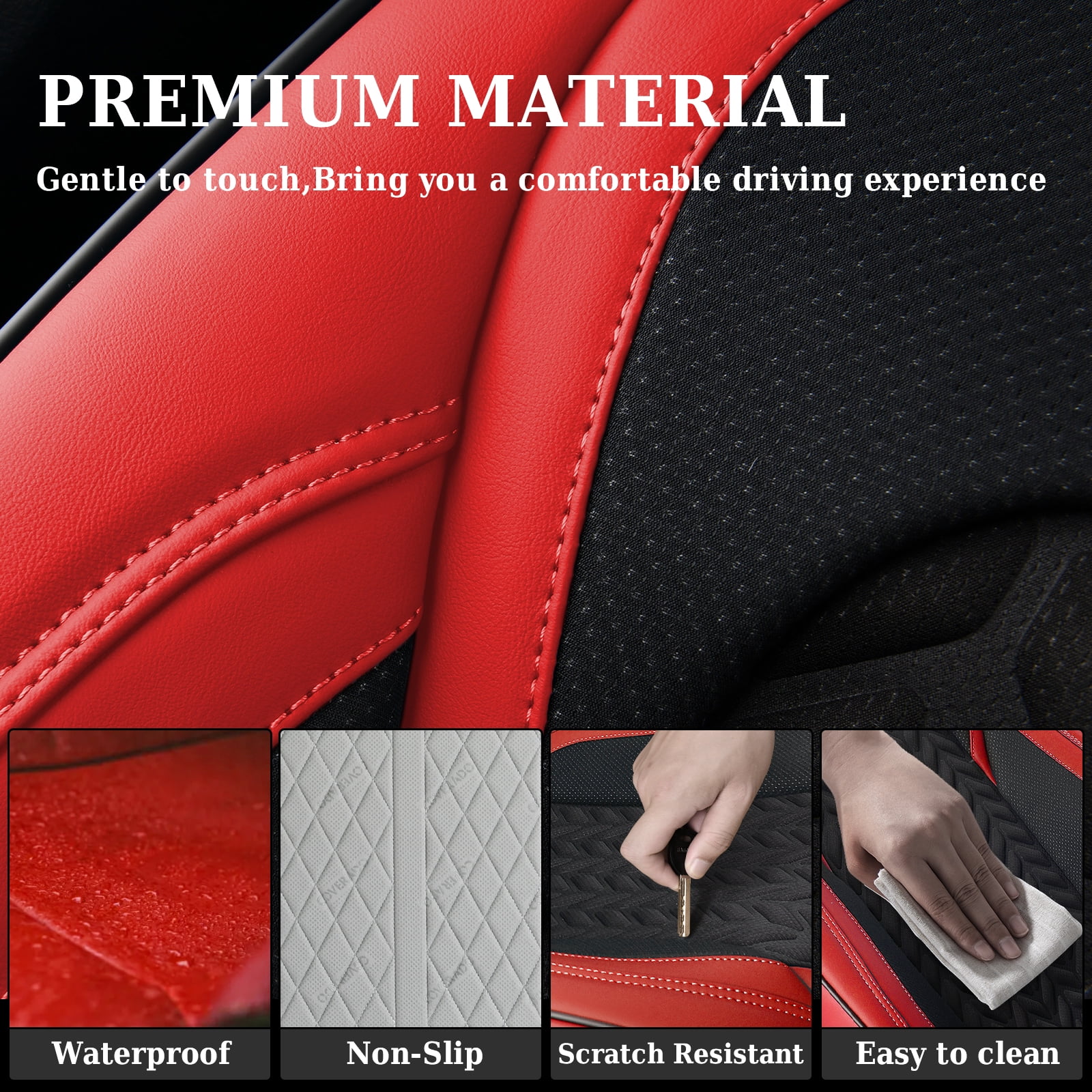 Coverado Black&Red Car Seat Covers Full Set, Faux Leather Seat Protectors with Embossed Grains, Front and Back Auto Cushions Universal Fit Most Cars, Sedans, SUVs and Trucks