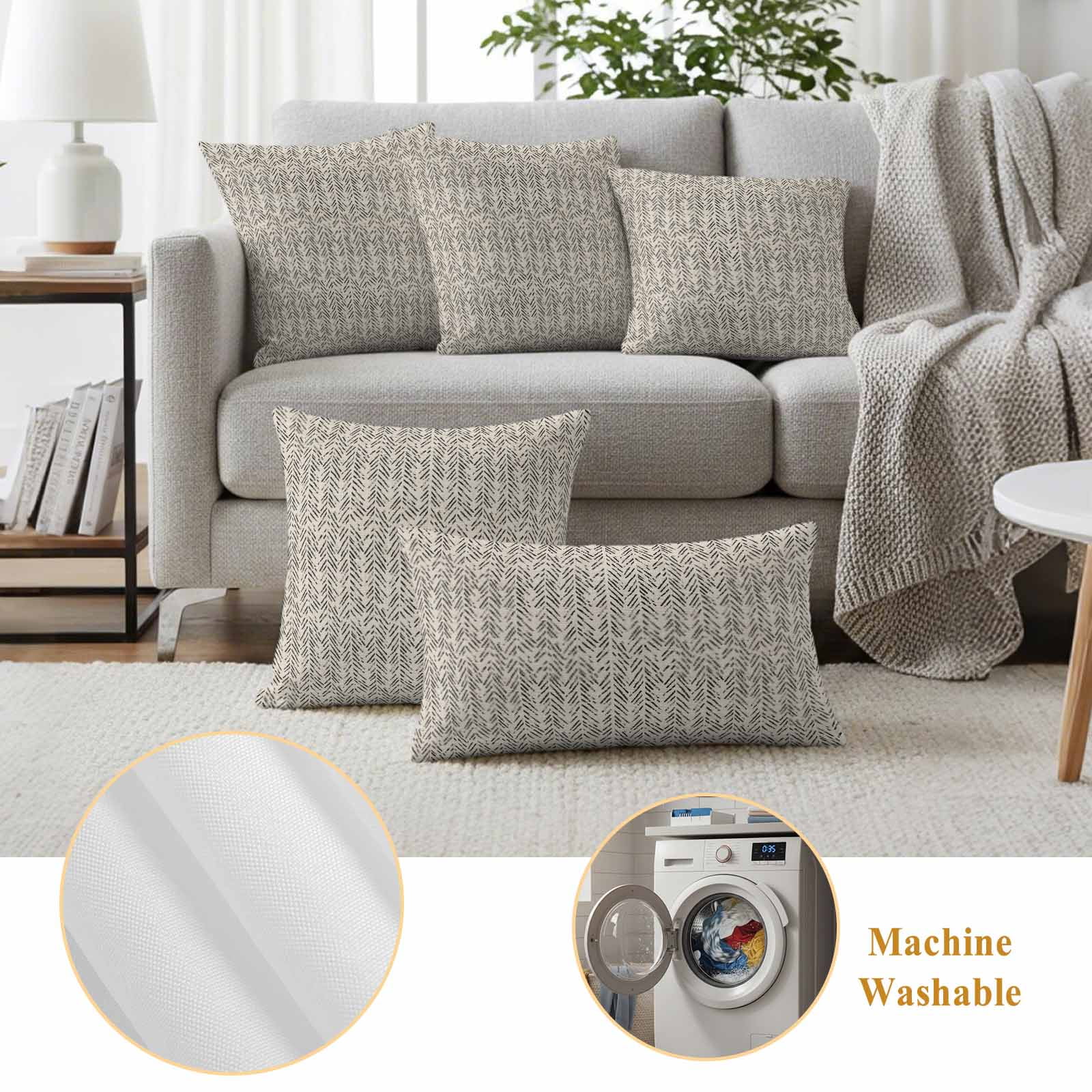 Beige Black Striped Outdoor Waterproof Pillow Covers, Abstract Modern Art Irregular Stripe Decorative Square Throw Pillowcase Sofa Cushion Sham for Patio/Couch/Chair, 20"x20" 2 Pack
