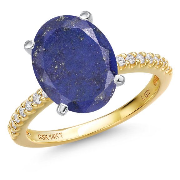 Gem Stone King 14K Two Tone Gold Blue Lapis and Lab Grown Diamond Engagement Ring for Women | 4.16 Cttw | Oval 12X10MM | Gemstone Birthstone | Size 7