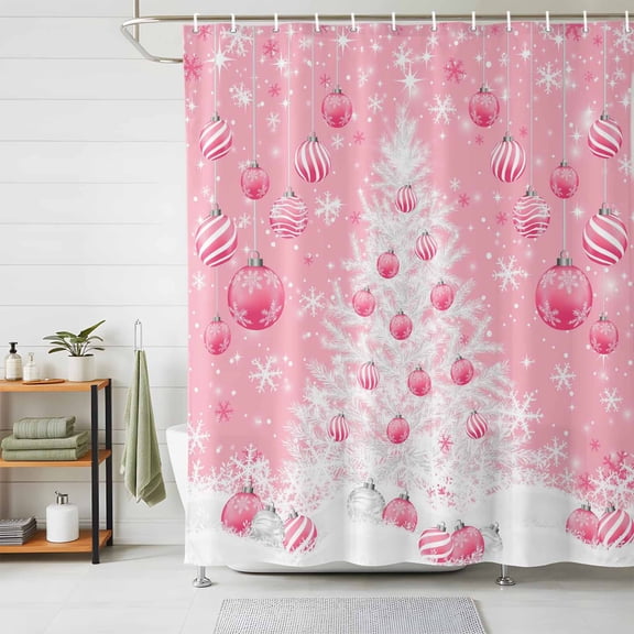 Shower Curtains for Bathroom, Pink Christmas Balls Waterproof Fabric Shower Curtain, Xmas Tree Snowflake Decorative Bathroom Curtain for Bathtub, 36"x72", No Hooks Included