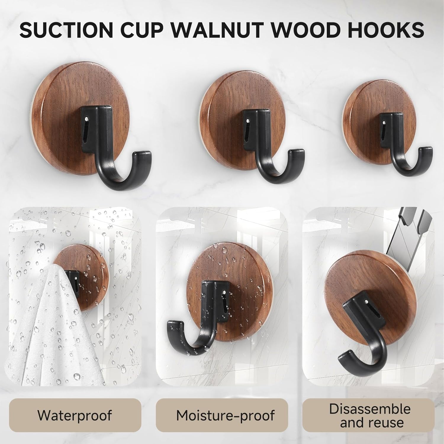 FRKSMD-Walnut Suction Cup Hooks - Waterproof No Drill Removable & Reusable Wreath Hanger Wood Wall Hooks for Bathroom Kitchen Tile Glass Mirror, Unique Grain Each - 3 Pack(J)