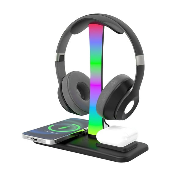 4-in-1 Headphone Stand with 15W Wireless Charger for AirPods Max/Pro Watch and Earbuds-Black