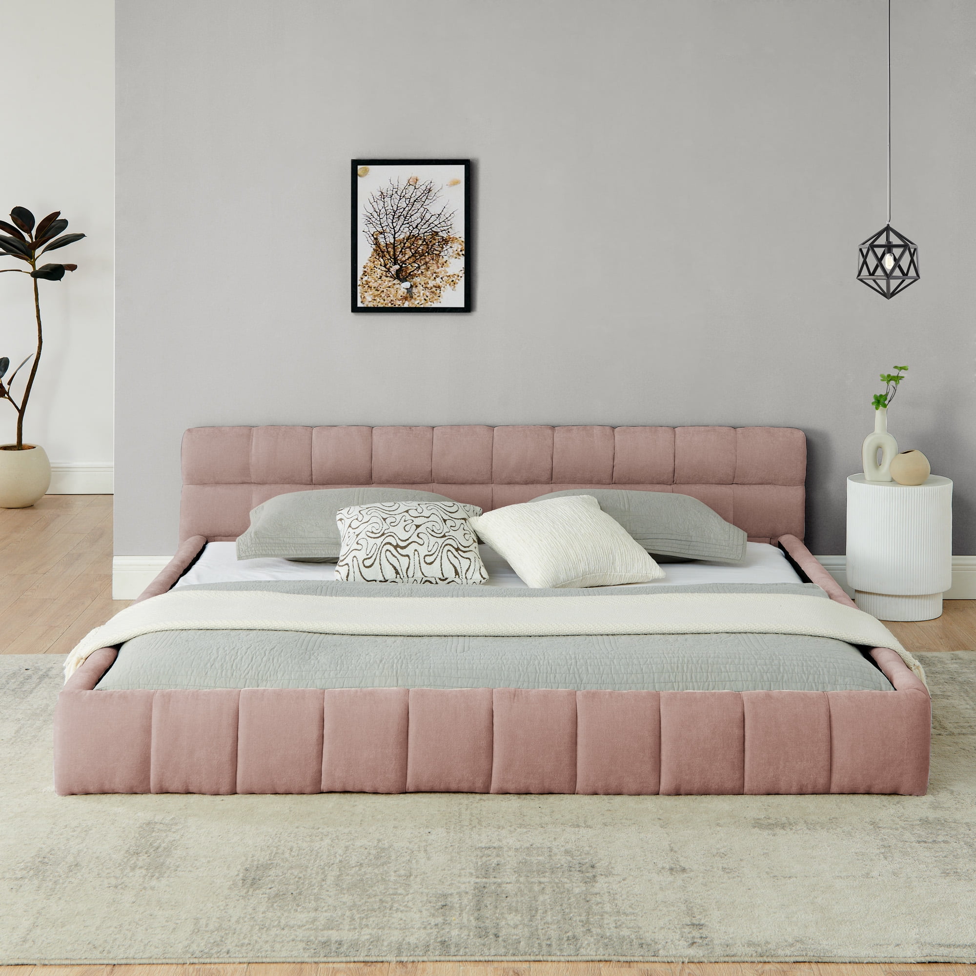 Modern Pink Wood Frame King Chenille Upholstered Platform Bed with Headboard