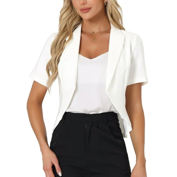 BLAZER CORTO DE OFICINA PARA MUJERES CHIC CON SOLAPA Y MANGAS CORTAS, ABIERTO, TAMAÑO XL, BLANCO