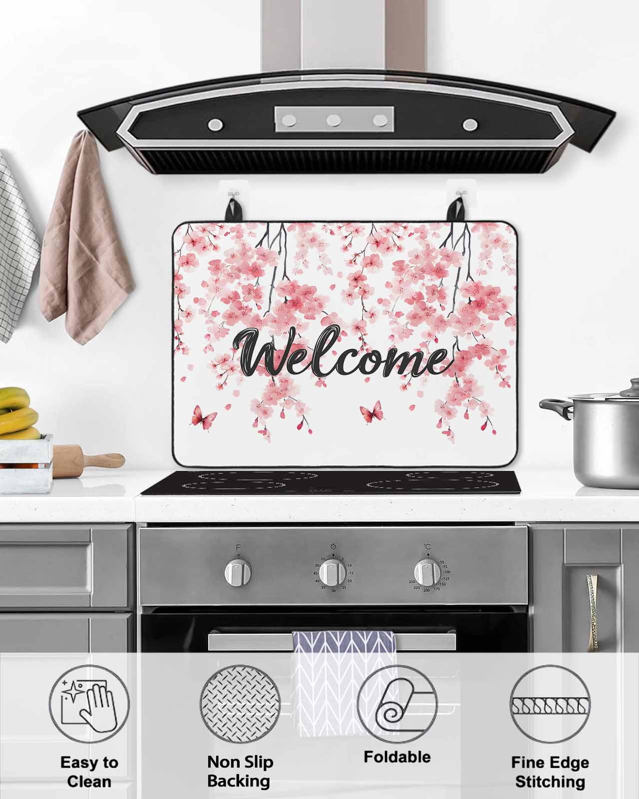 nqOlkjepod Large Induction Cooktop Protector Mat 24"x21", Cherry Blossoms Stove Top Covers for Electric Stove, Butterfly Pink Flower Pastoral Spring Stove Burner Cover Mats, Glass Top Stove Cover