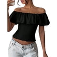 thumbnail image 3 of Women'S Off the Shoulder Blouse Ruffle Short Sleeve Smocked Going Out Crop Tops Black S, 3 of 10