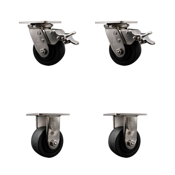 4 Inch 316SS Glass Filled Nylon Caster Set w/Ball Bearings 2 Brakes 2 Rigid SCC