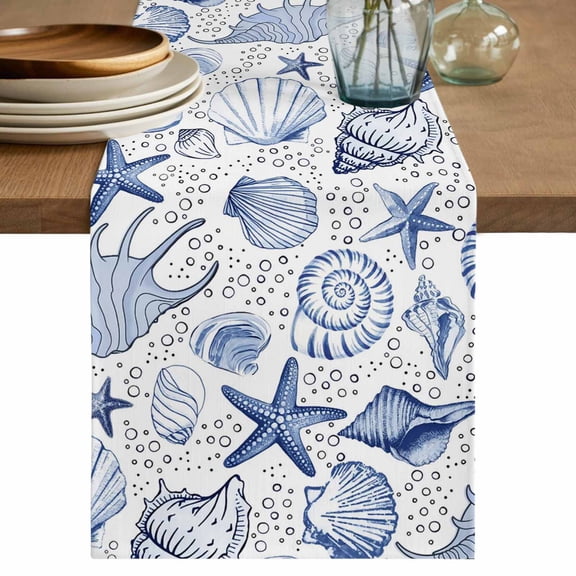 Table Runner 36 Inches Long for Kitchen Dining, Navy Blue Coastal Dresser Scarf Farmhouse, Dining Table Decorations for Wedding/Parties, Nautical Ocean Shell Starfish Sea 13 x 36 In