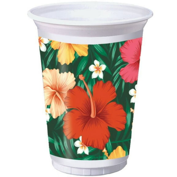 Tropical Flowers 16 oz Plastic Cups 8 Per Pack