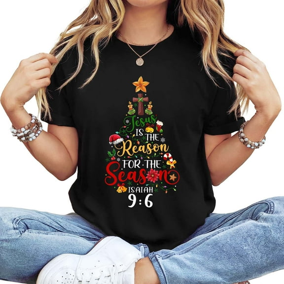 Women's Long Sleeve Crew Neck "Jesus Is The Reason" Christmas Graphic T-Shirt - Faith-Based Holiday Tee