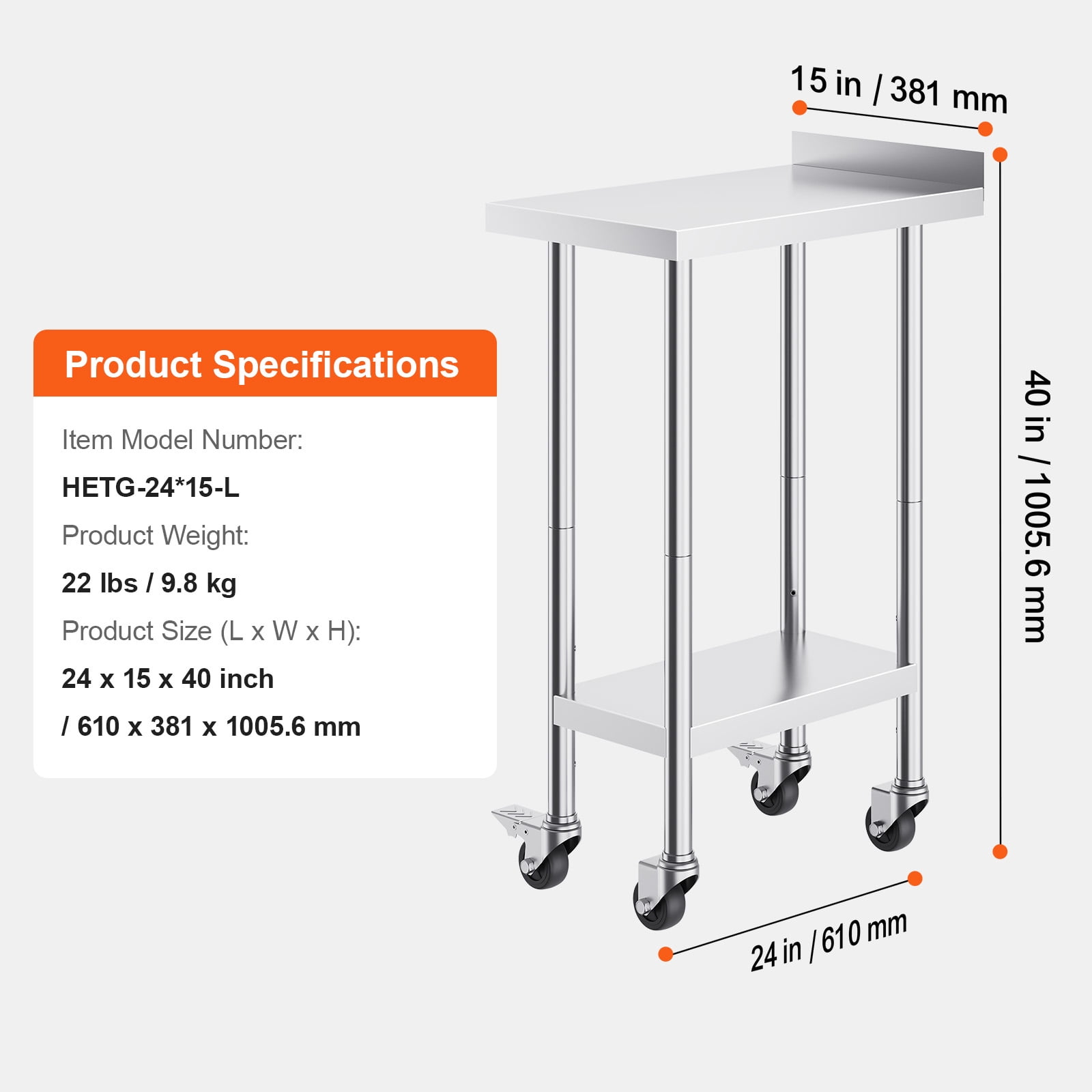 KFFKFF 24x15x40 In Stainless Steel Table, Mobile Food Preparation Surface with Wheels, Durable Metal Workstation, Height-Adjustable for Restaurants, Homes, and Hotels