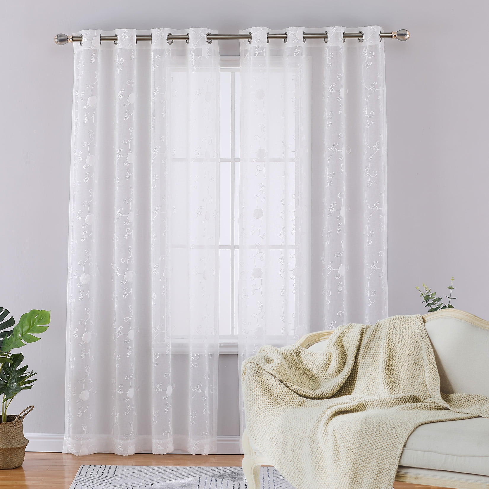 Shininglove White Semi Sheer Curtains, Floral Embroidered Half ...