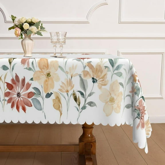 Mizhona Waterflower Floral Tablecloth Rectangle,Red and Beige Table Cloth for Kitchen Dinner Decor,60"x84"
