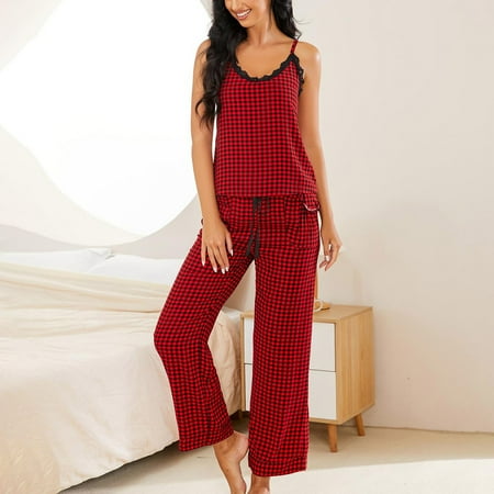 

XIAOFFENN Silk Pajamas Women s Spring And Summer Checked Suspender Trousers Home Suit 6 Red