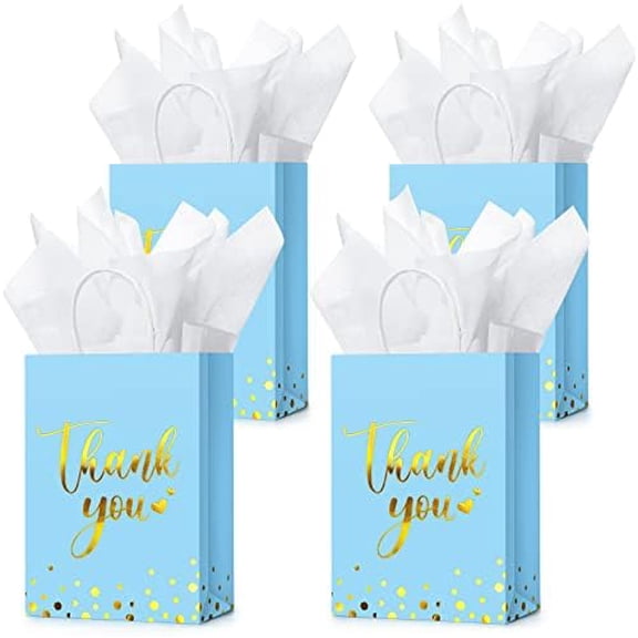 30 Pcs Thank You Gift Bags with Tissue Paper Gold Thank You Wedding Bags with Handle for Graduation Business Shopping Wedding Shower Party Favors(Light Blue)