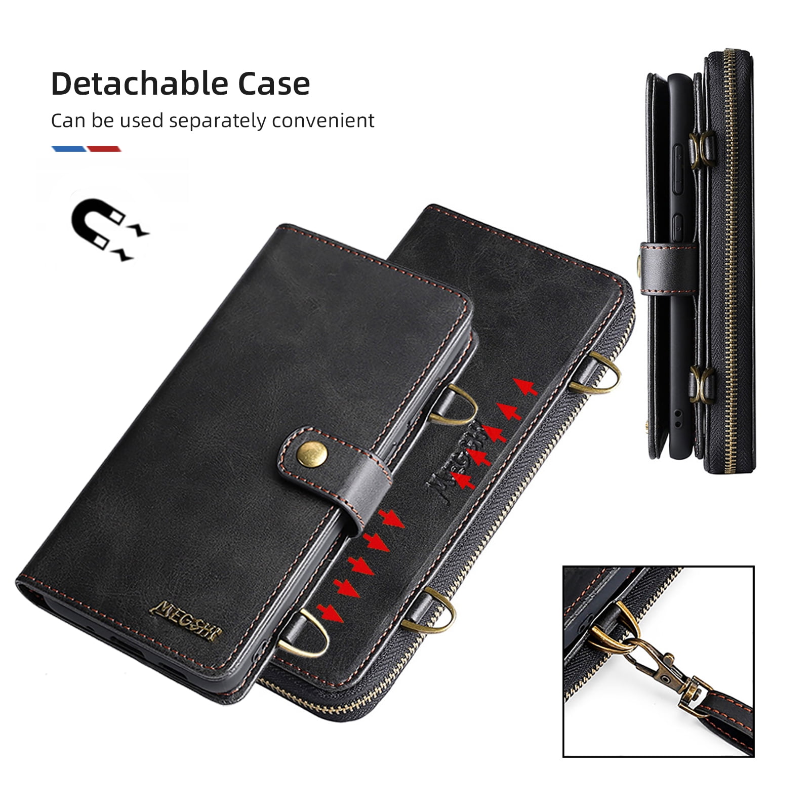 Galaxy S22 Wallet Case Premium Leather Flip Zipper Detachable Magnet Wallet Stand Card Holder Case with Crossbody Lanyard Strap Zipper Pocket Cover for Samsung Galaxy S22 6.1 inch 2022,Black