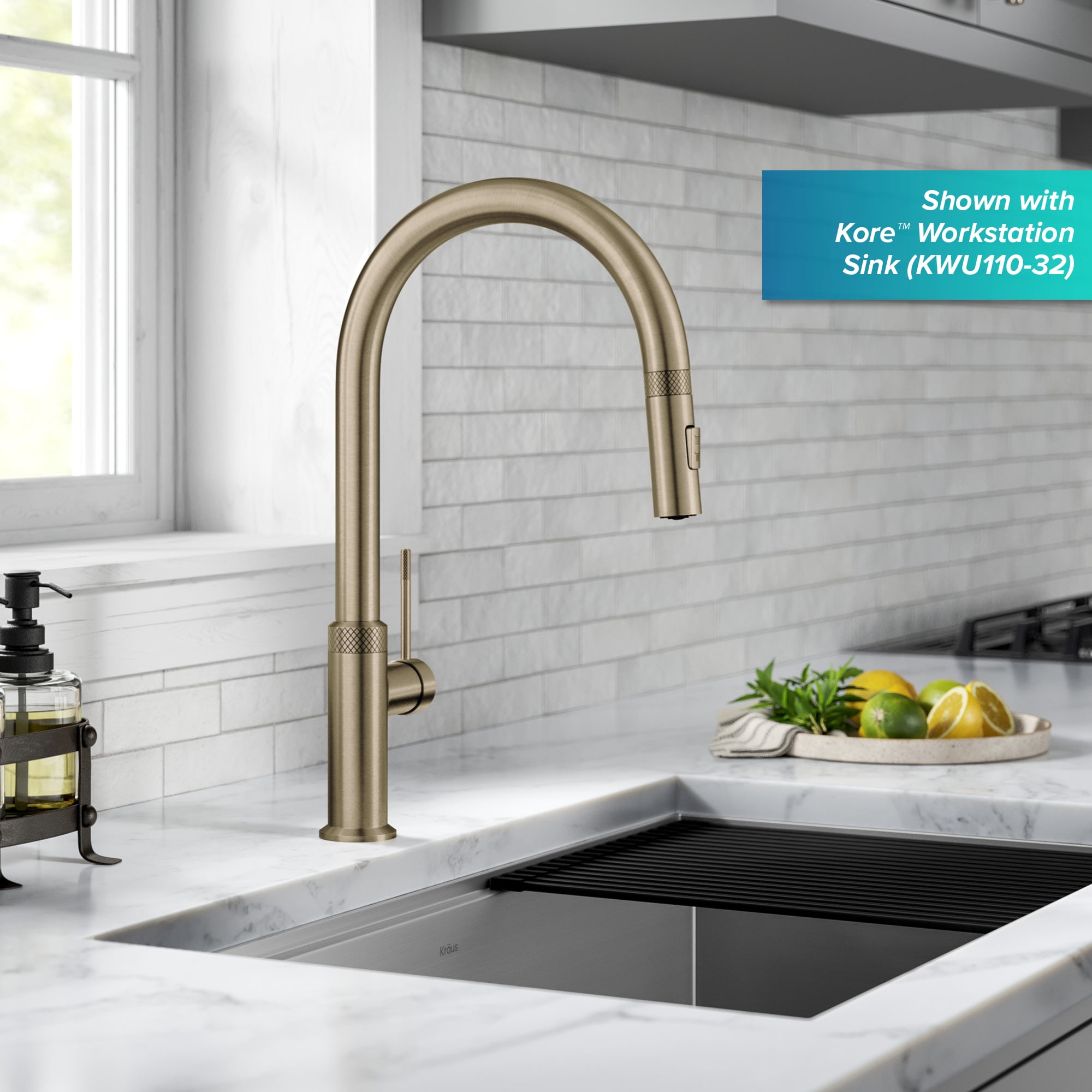 KRAUS Oletto Modern Industrial Pull-Down Single Handle Kitchen Faucet in Brushed Gold