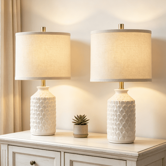 RORIA 21” Ceramic Table Lamps Set of 2,Modern White Bedside Lamps,for the Living Room or Bedroom Nightstands (Bulbs Included)