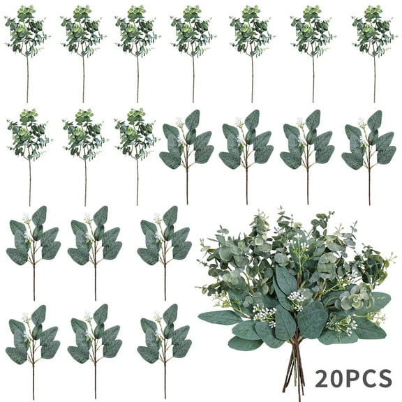 Kabuer Artificial Mixed Eucalyptus Leaf Stem Greenery Sprays Plants 2 Kind 20 Pcs Eucalyptus Bouquet (Green)