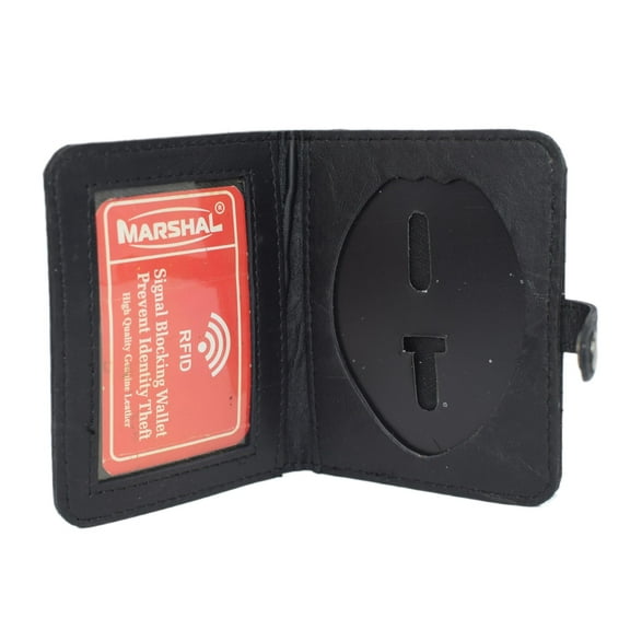 Leather RFID Blocking Bifold Shield Badge ID Holder with Snap Closure