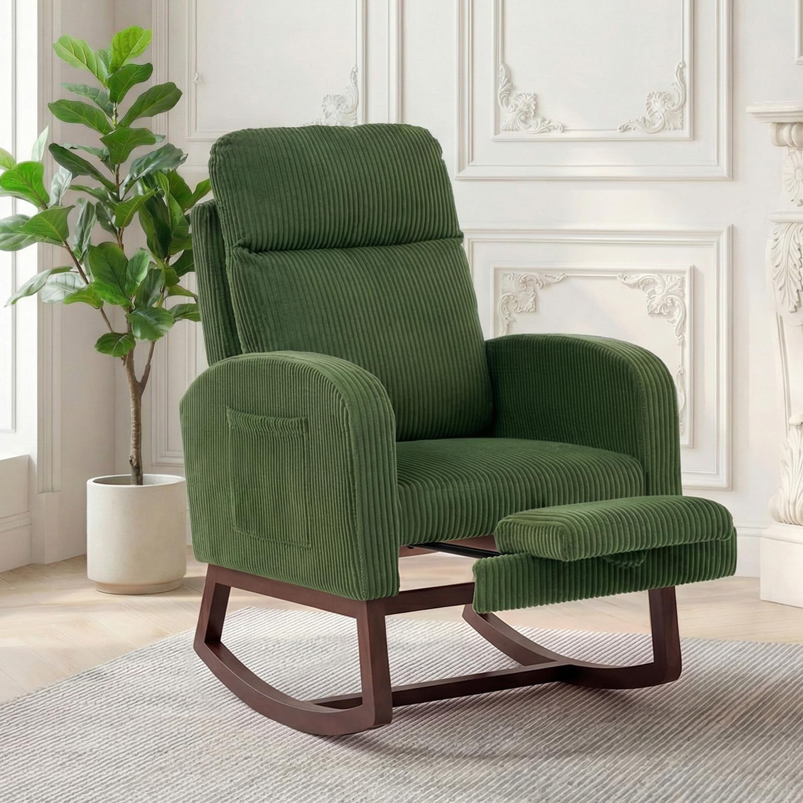 Nursery Glider Rocking Chair with Adjustable Footrest & High Back – Corduroy Upholstered Nursing Rocker, Side Pocket Storage, Solid Wood Base – Walnut Legs, Green