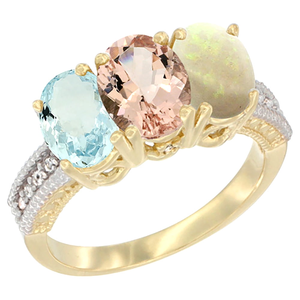10K Yellow Gold Natural Aquamarine, Morganite & Opal Ring 3-Stone Oval 7x5 mm, sizes 5 10 by WorldJewels