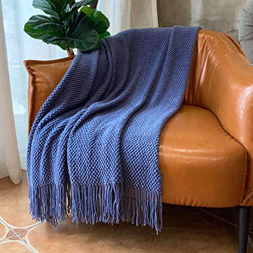Knitted Throw Blanket With Tassels, Navy Blue Throws For Sofas Uk
