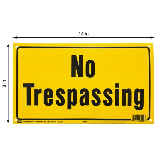 HY-KO 8 x 14 inch Plastic No Trespassing Sign, Bright Yellow, 1 Each
