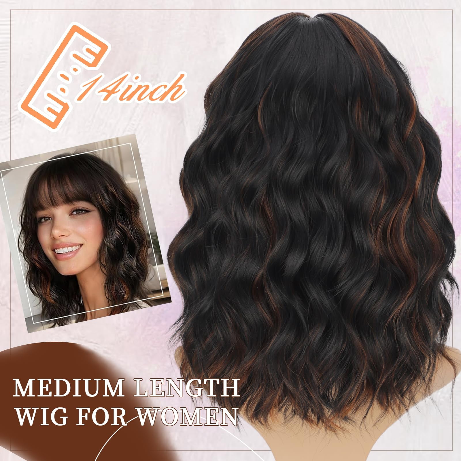 Wig with Bangs Short Bob Wigs for Women Shoulder Length Wavy Curly Wigs Synthetic Fiber Wigs 14 Inches for Daily Party Use