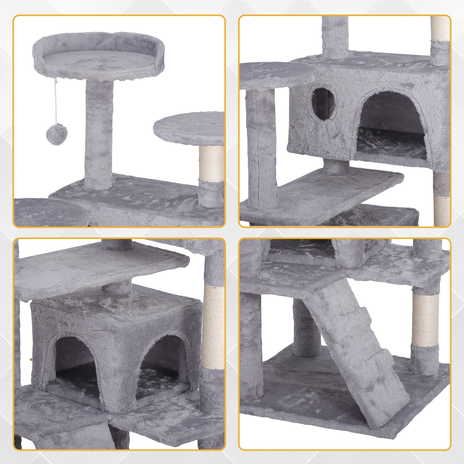 HomGarden 55''H Multi-Level Cat Tree Double Condo Scratching Post Tower, Light Gray