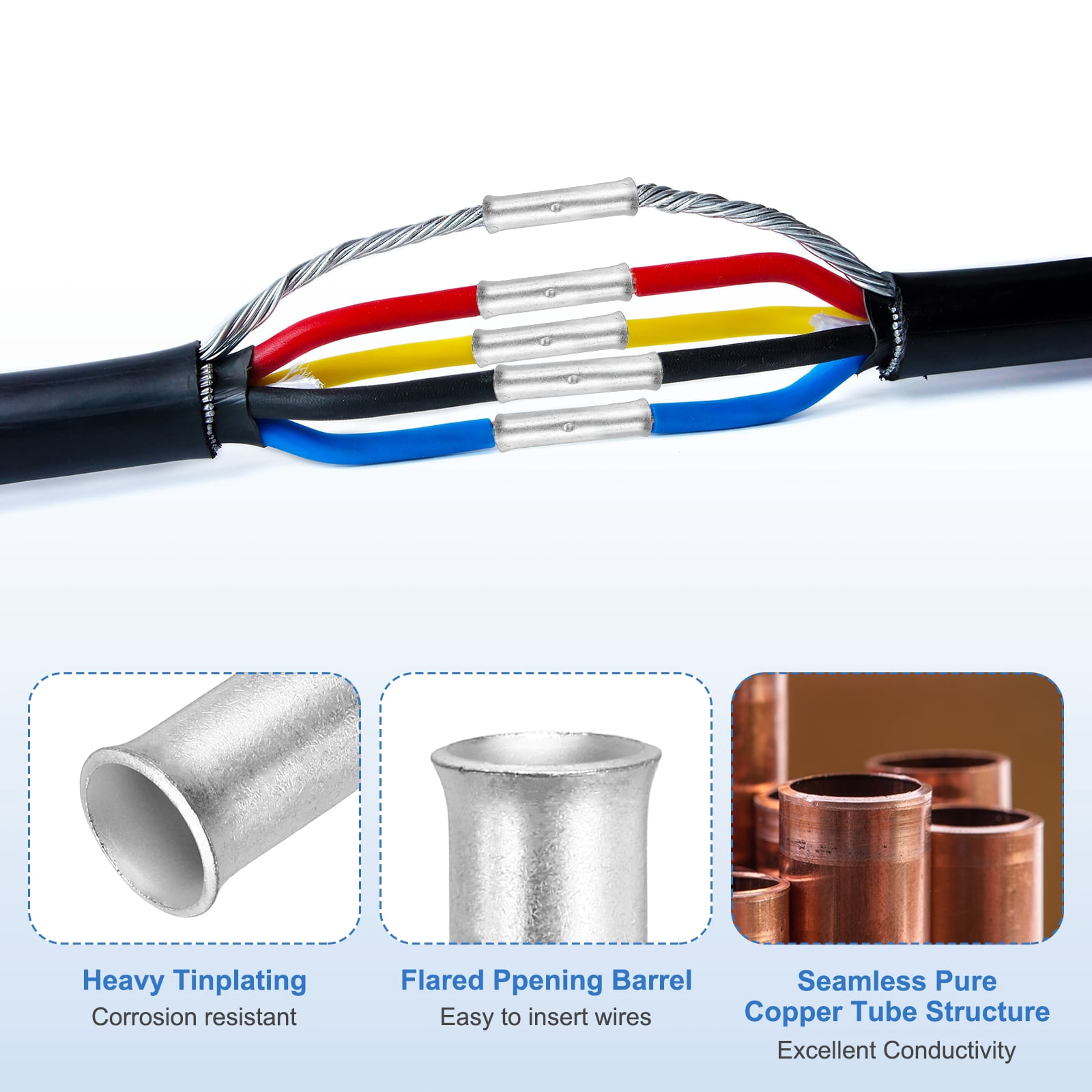 Uxcell 8 Gauge Flared Barrel Butt Connectors, 8 AWG Tinned Copper Wire Connectors Non-Insulated Wire Butt Terminal for Vehicle Electric Power Home Appliance, Pack of 30(Silver)