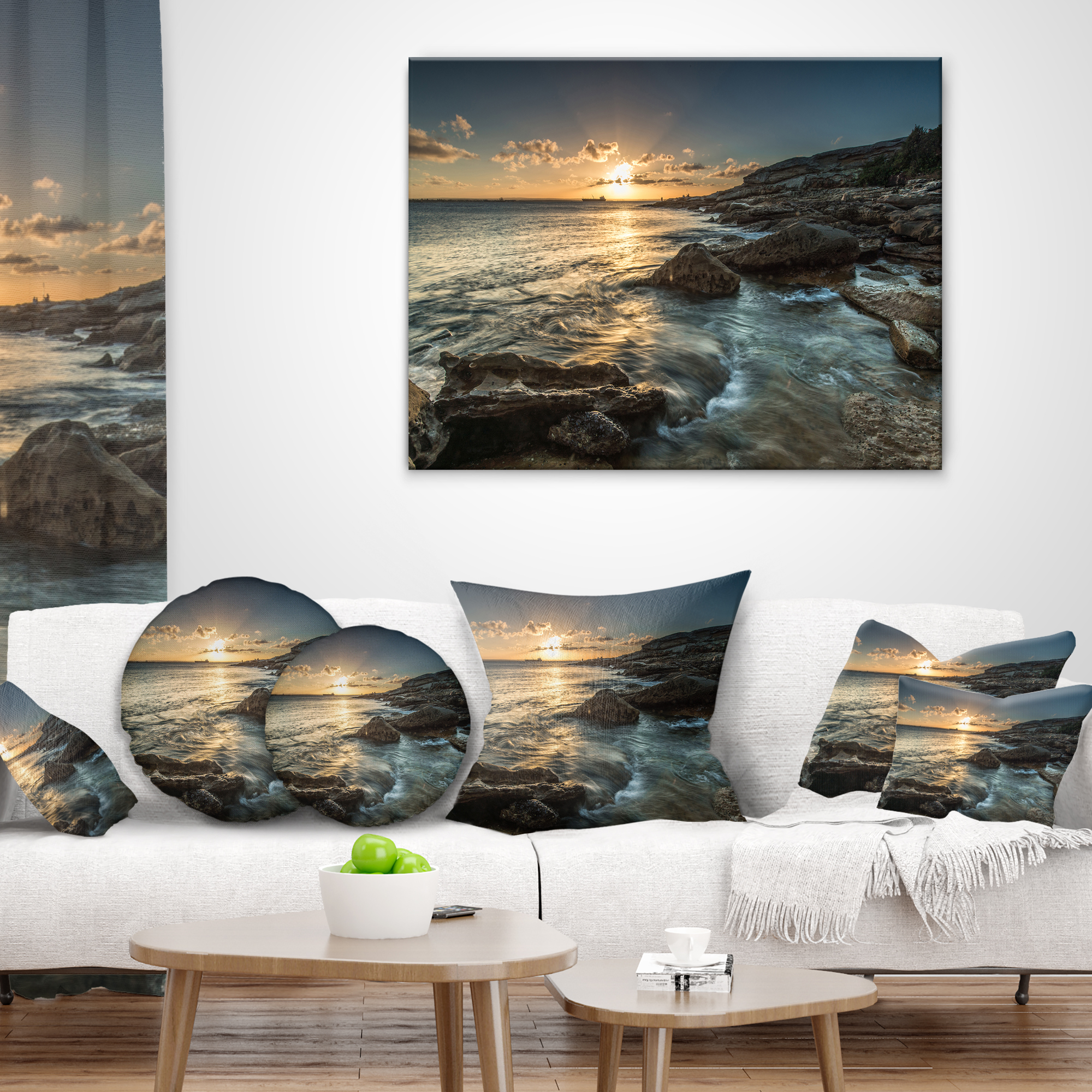 Designart Sydney Beach with Bright Sunset - Seascape Throw Pillow - 12x20