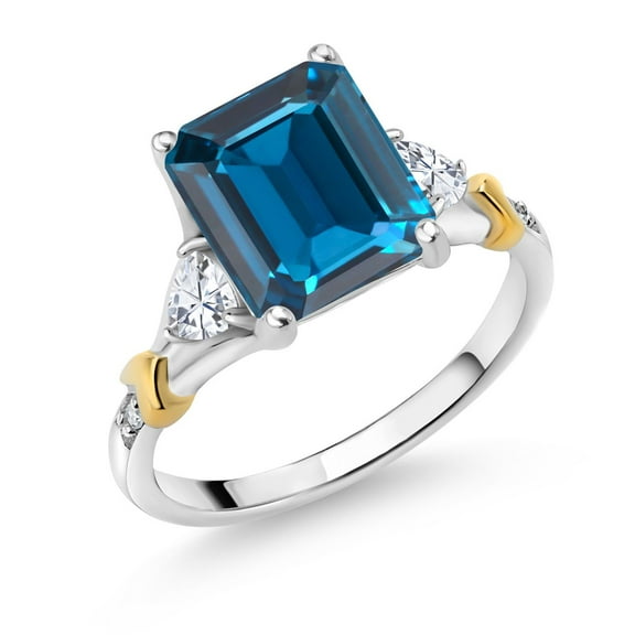 Gem Stone King 925 Silver and 10K Yellow Gold London Blue Topaz and White Moissanite and Diamond Engagement Ring for Women (4.34 Cttw, Emerald Cut 10X8MM, Trillion 3.5MM, Size 7)