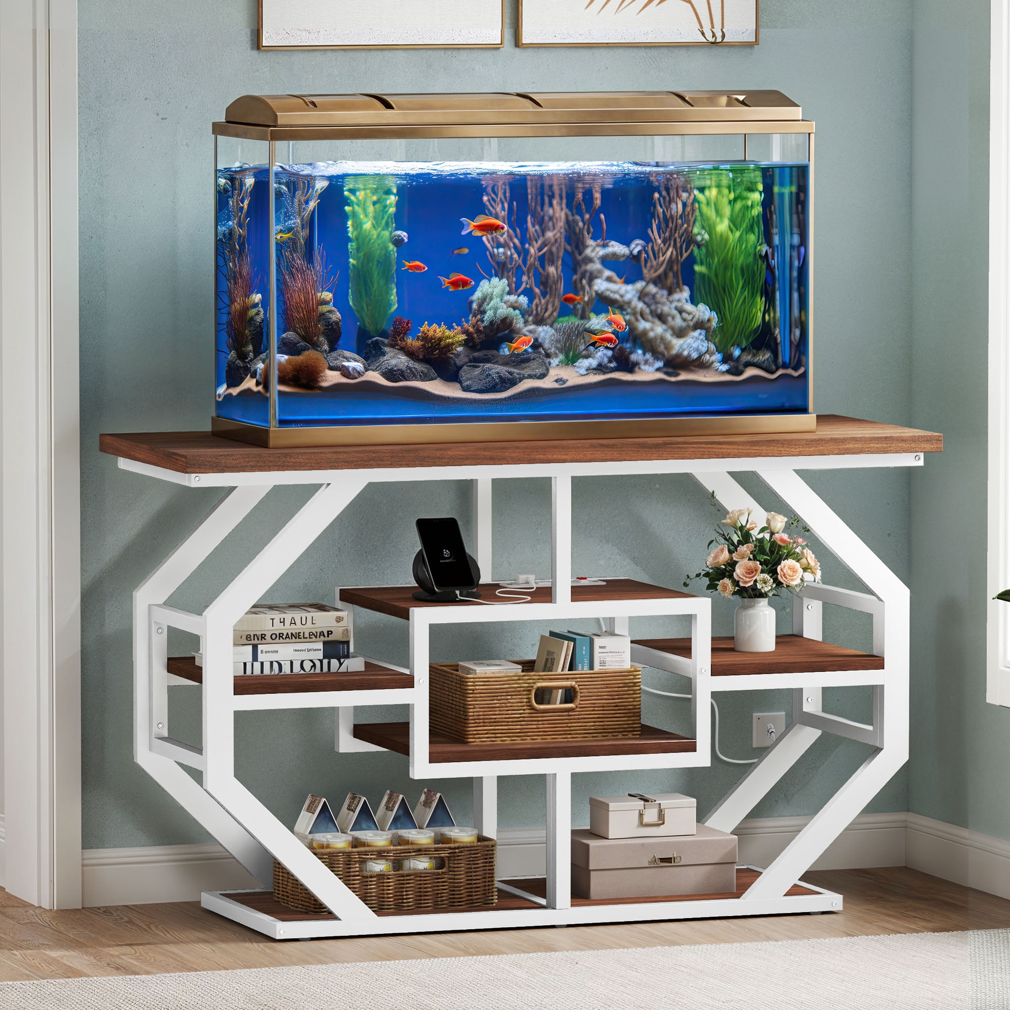 Uforic 55-75 Gal Aquarium Stand with Power Outlet – Faux Marble Fish Tank Stand for Turtle Tank, Reptile Terrarium, 860 lbs Capacity - White & Gold