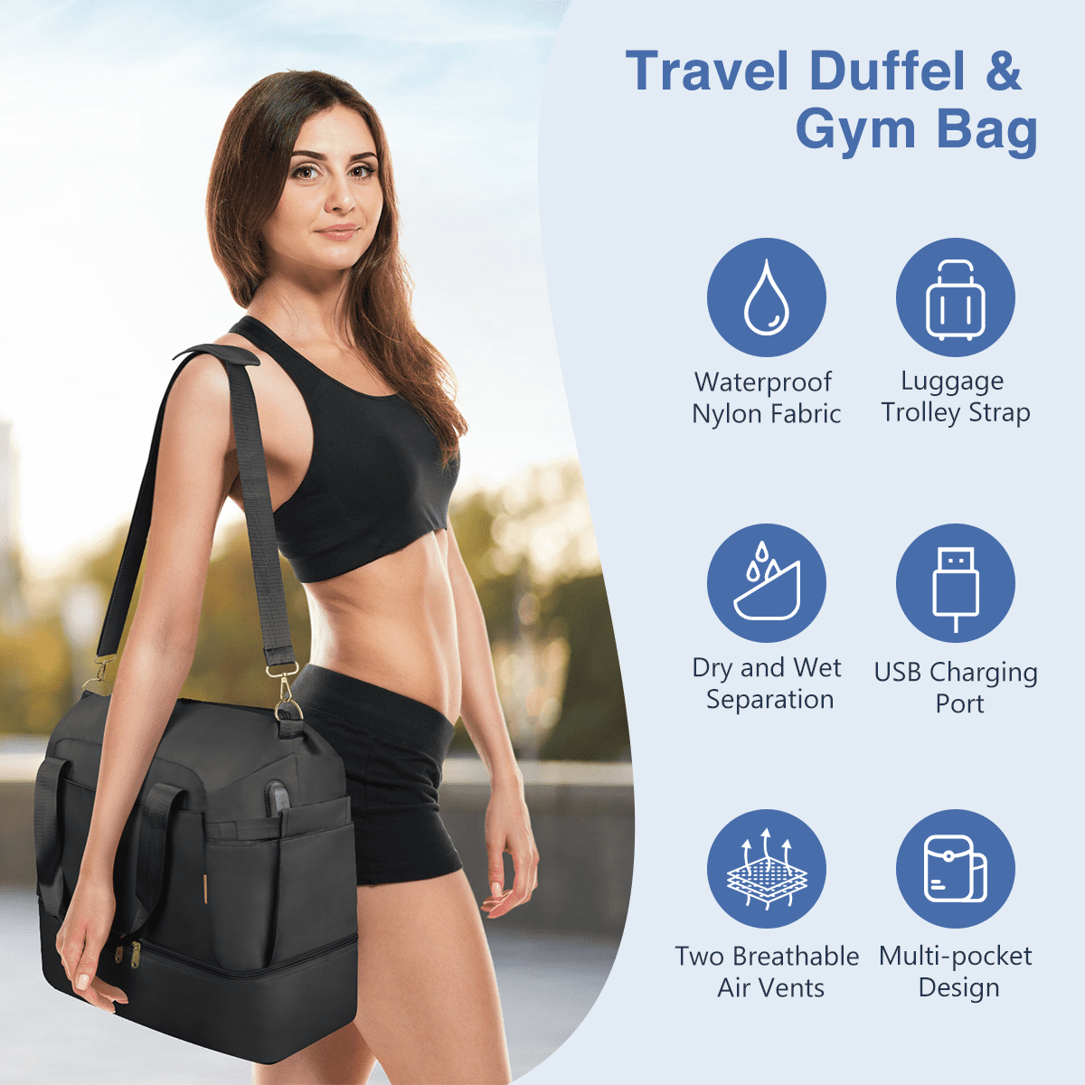 3Pcs Travel Duffel Bag, Tote Gym Bag with Shoes Compartment & Shoes Bag, Weekender Overnight for Women with Wet Pocket & USB Charging Port, Carry On Bag for Women, Travel, Gym, Weekend, Black