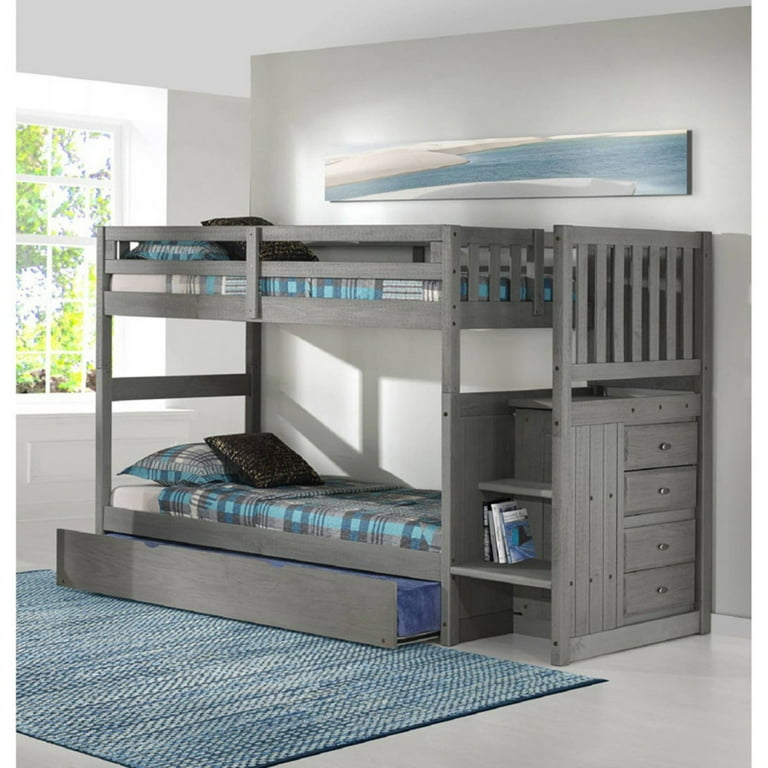 Cambridge Springside Twin over Twin Bunk Bed with Staircase and Three Drawer Storage in Charcoal Gray