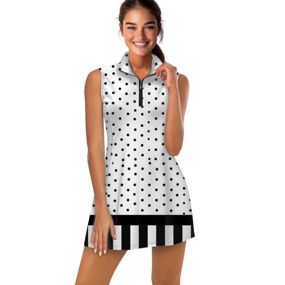 Black Polka Dots and Stripes Sports Dresses Women Tennis Dress Outdoor Badminton Golf Quick-Drying And Breathable Sports Dress