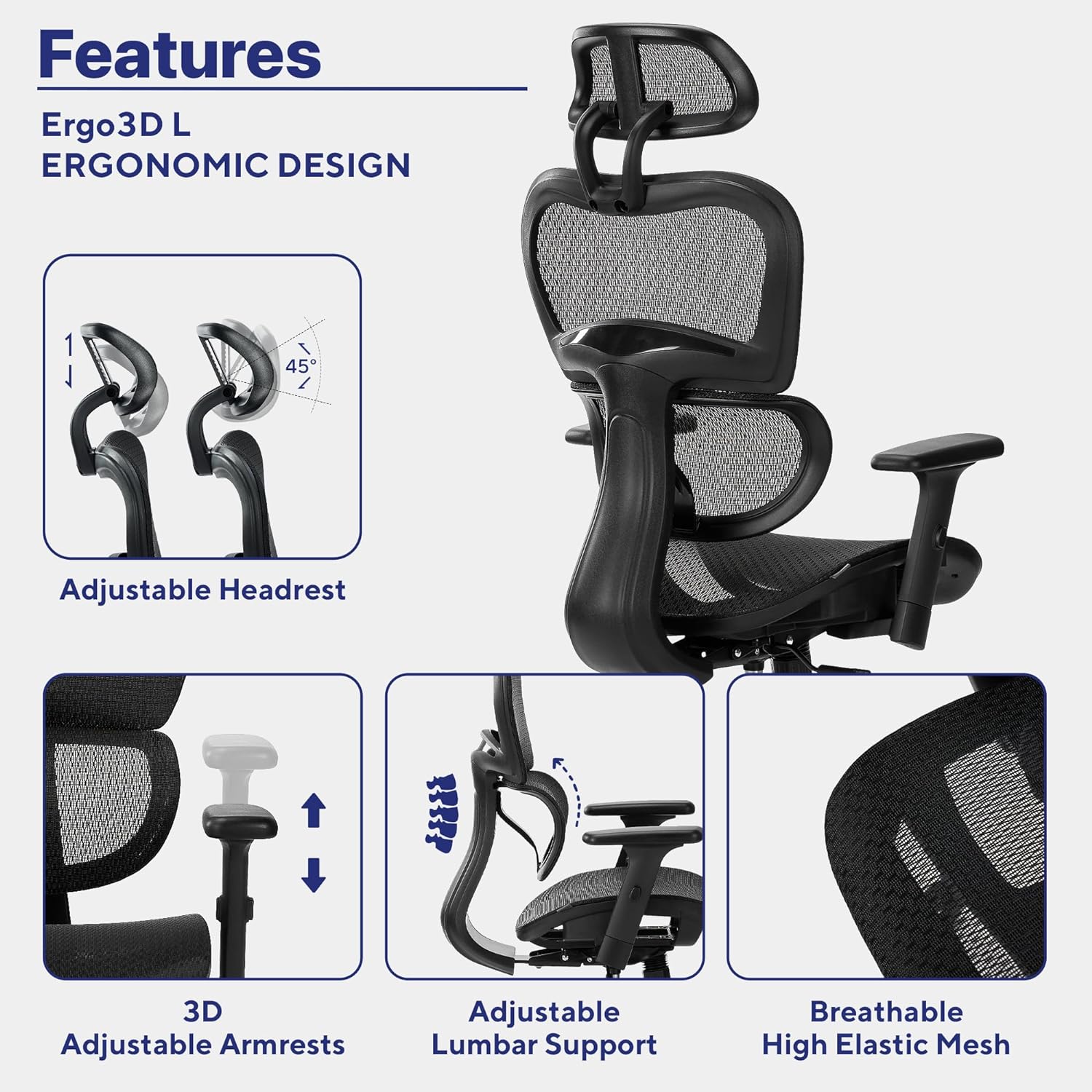 NOUHAUS Ergo3DL Ergonomic High-Back Mesh Office Chair with Adjustable Headrest, Lumbar Support, and Armrests, Black