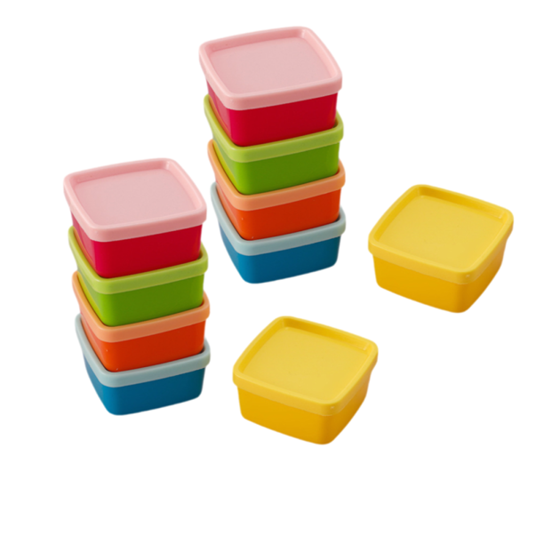 Juego de 10 mini recipientes para alimentos – 7 x 7 x 3 cm – Herméticos y reutilizables – Para aperitivos, frutos secos, fruta y objetos pequeños – Plástico – Multicolor