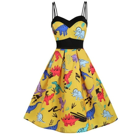 

Fashion Women Casual Sleeveless Vintage Dinosaur Cami High Waist Swing Dress Wyongtao Cozy