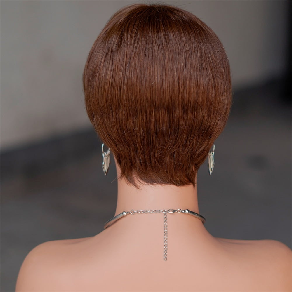Short Brown Wig Chocolate Brown Human Hair Wigs Short Pixie Cut Wigs with Bangs