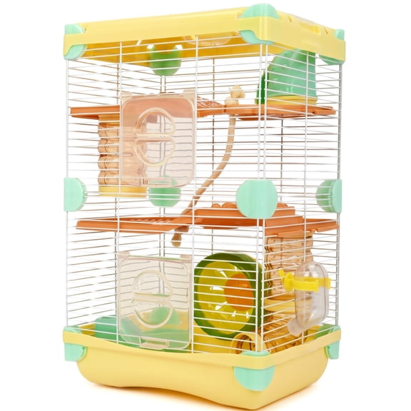 Qunbio 2-Level Hamster Cage, Gerbil House Habitat Kit, Hamster Cottage with Tubes Feeding Bottle Running Wheel, Yellow