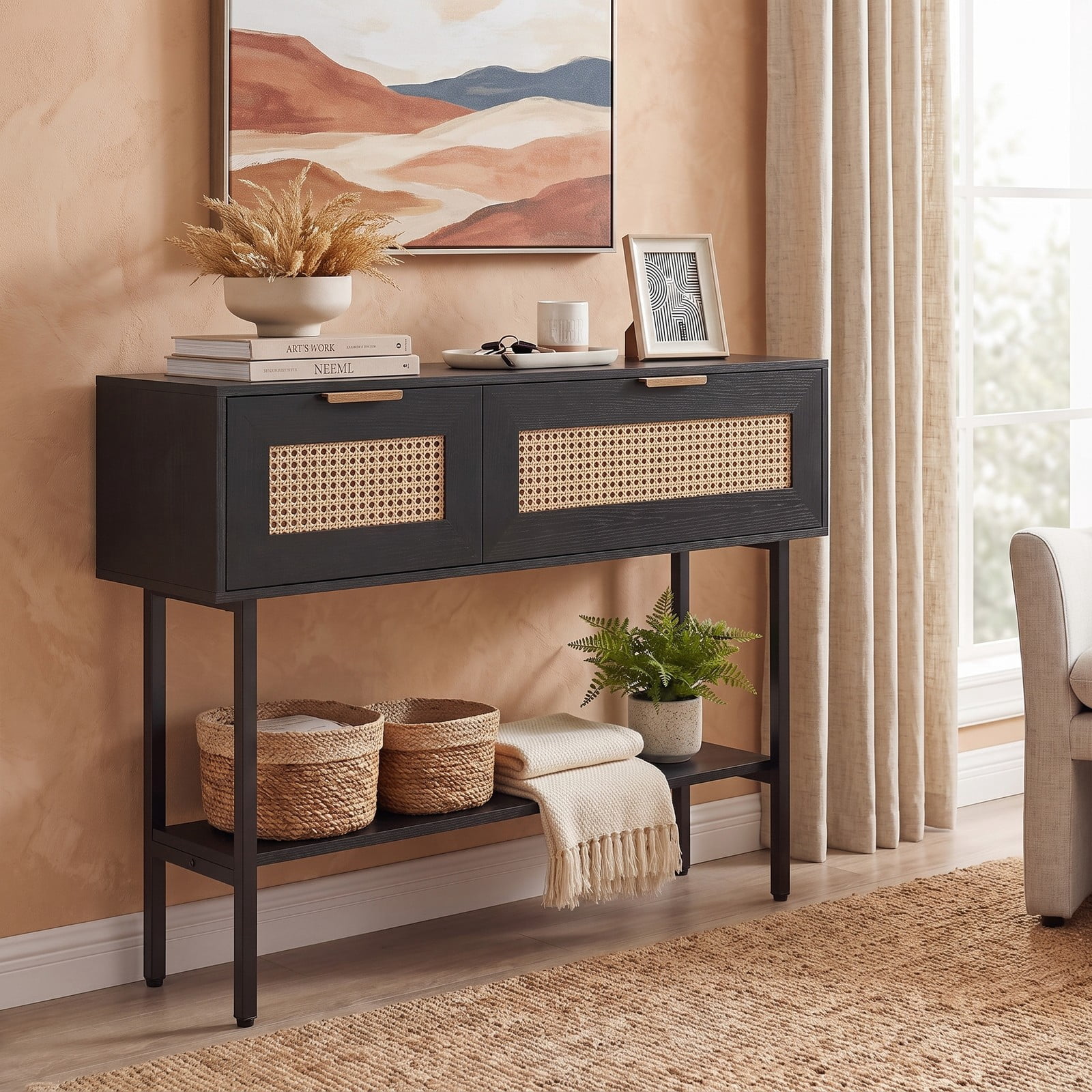 Furnibear Rattan Console Table with 2 Storage Drawers and Open Shelf and Carbon Steel Frame for Entryway and Hallway, Black