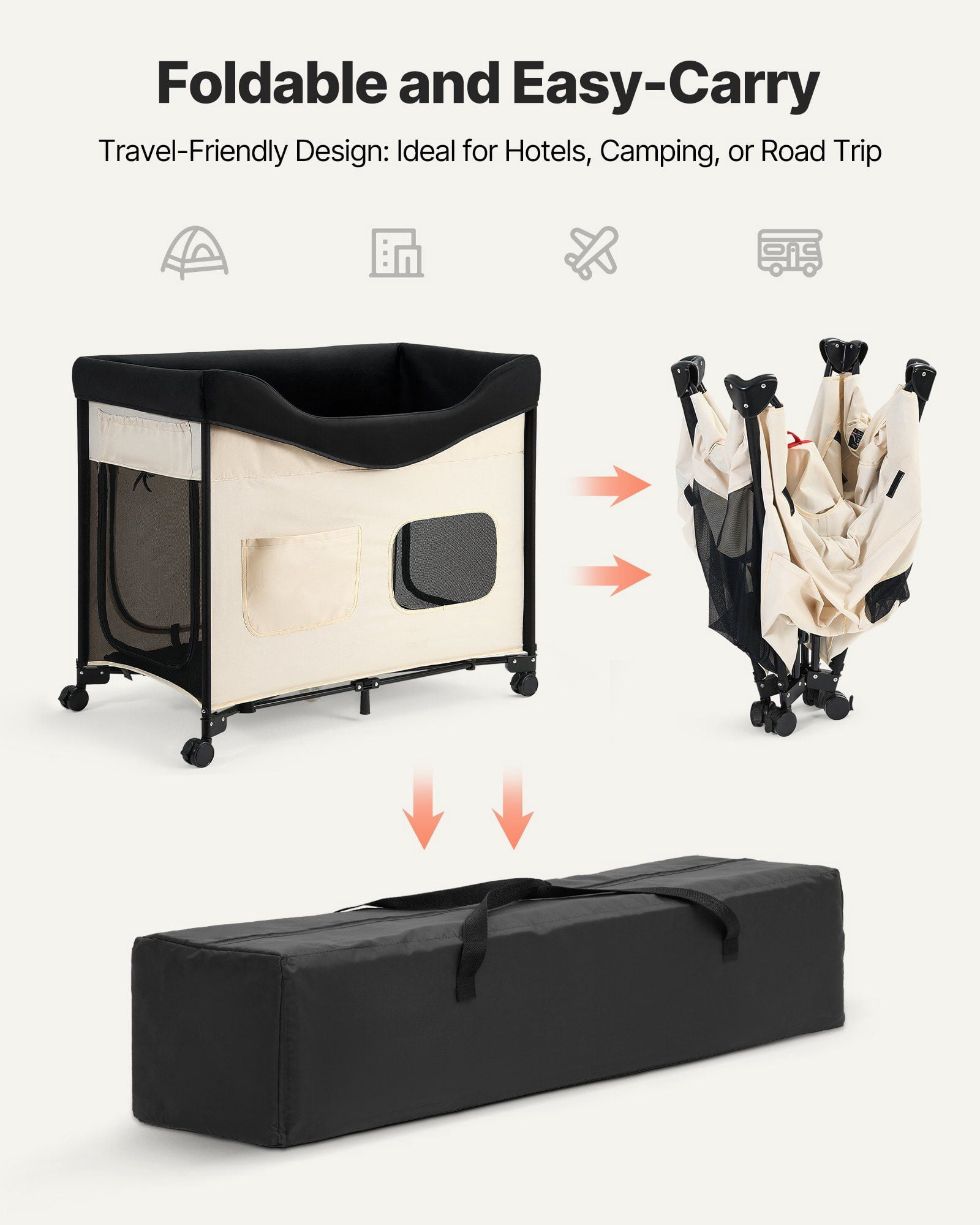 Elevated Lounge Pet Bed XL Foldable Bunk Dog Bed with Dual Levels, Swivel Wheels, Side Storage Bags, Waterproof Oxford Base, Carbon Steel Frame and Portable Design for Travel and Home Comfort
