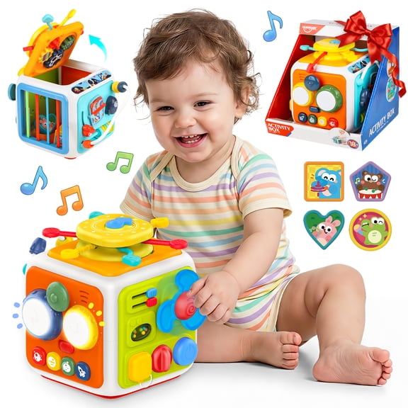 Huge Wave 7-in-1 Baby Activity Cube with Music & Light, Montessori Learning Toys for Toddlers, Removable Educational Toys Birthday Gifts for Kids 6-18 Months