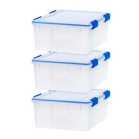 IRIS USA 3 Pack 30 Quart WeatherPro Plastic Storage Box Durable Lid and Seal and Secure Latching Buckles