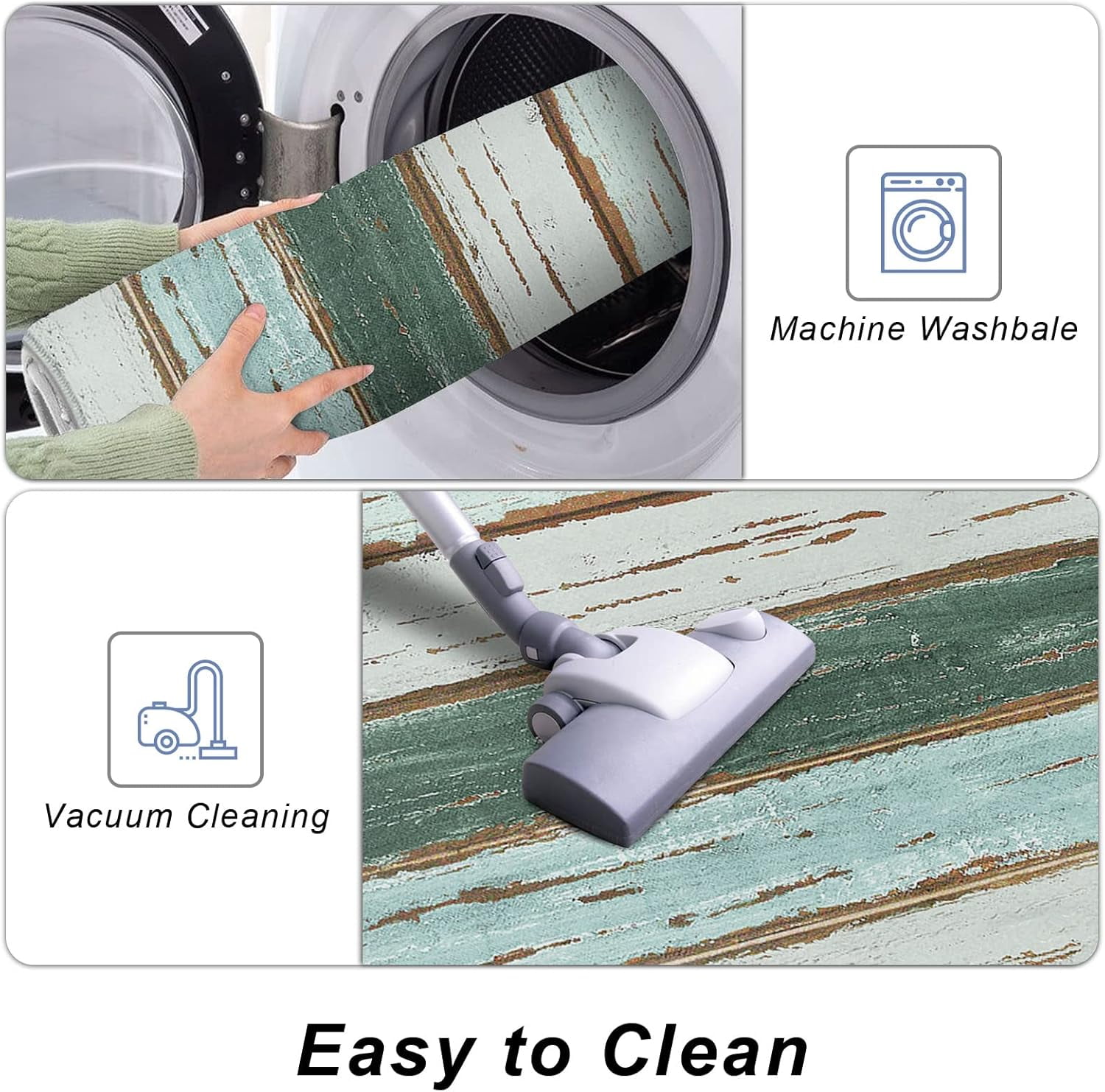Farm Country Kitchen Rugs and Mats Set of 2, Shabby Teal Wood Grain Non-Slip Floor Doormat Comfort Area Runner Rug and Mat, Retro Wooden Plank Indoor Entrance Carpet Home Decor