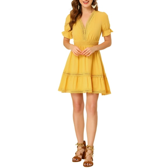 DARING DIVA V Neck Smocked Elastic Waist Short Sleeve Mini Dress XS Yellow