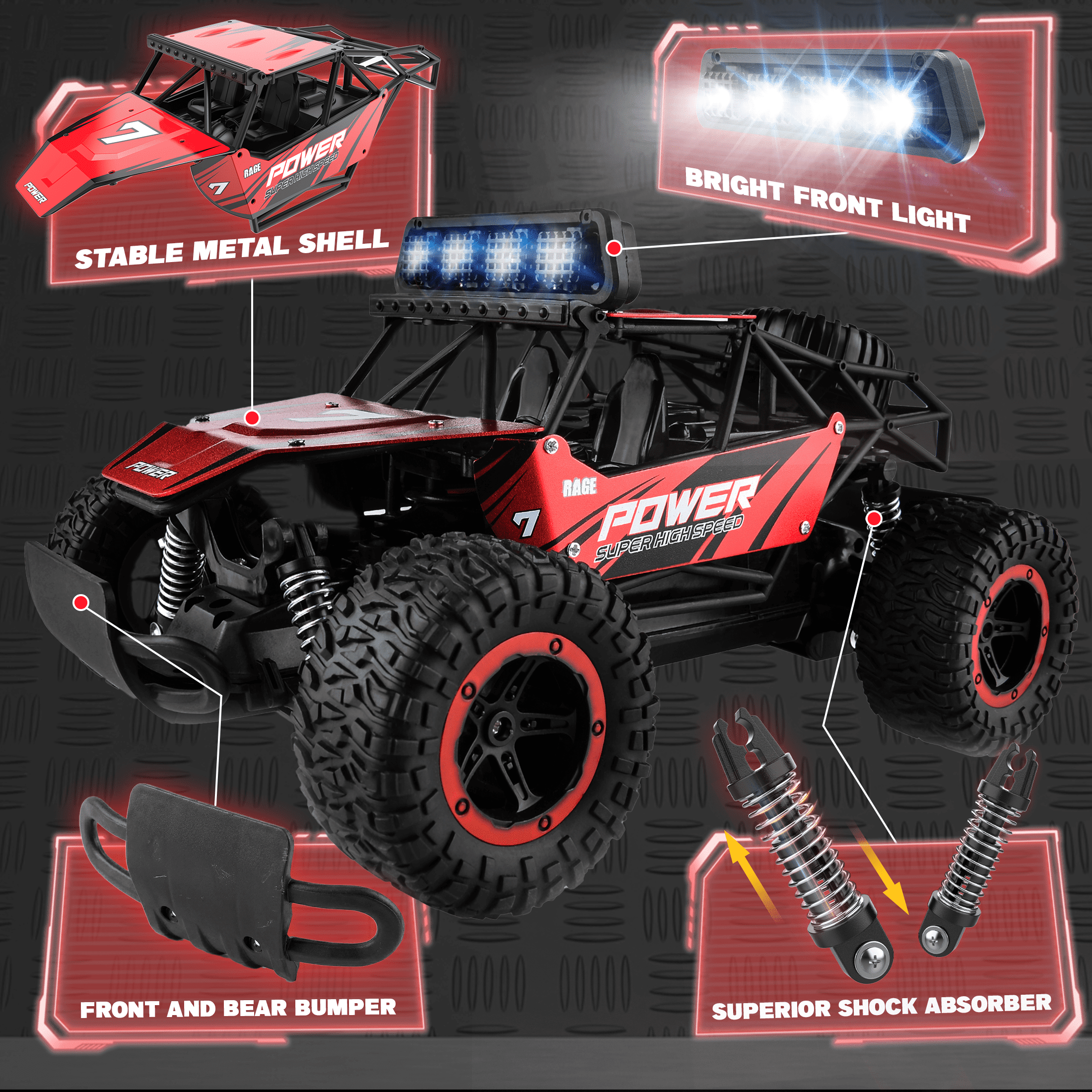 YCFUN RC Cars, 1:14 Scale Off-Road RC Monster Truck with Lights, Metal Shell & 2 Batteries, 2.4Ghz Remote Control Car Crawler for Kids Adults